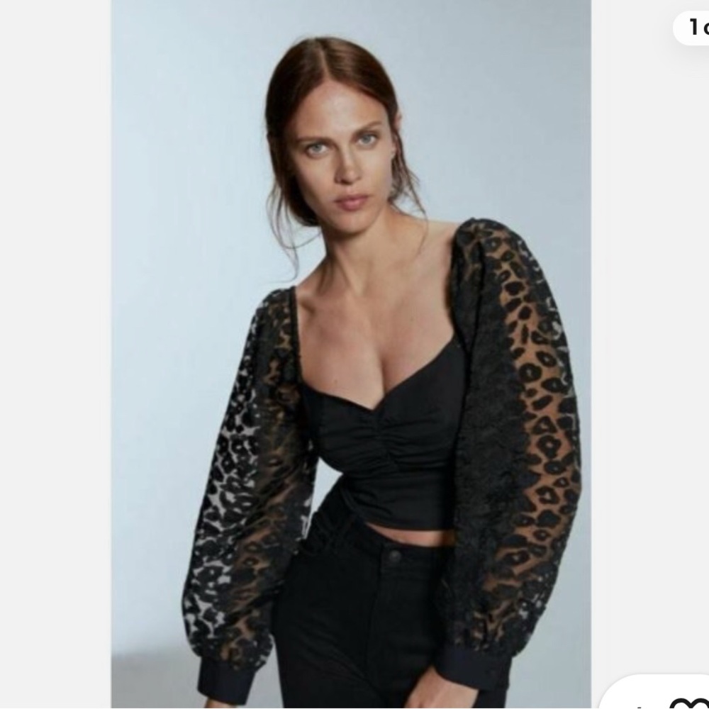 Zara Black Leopard Organza Sleeve Crop Top